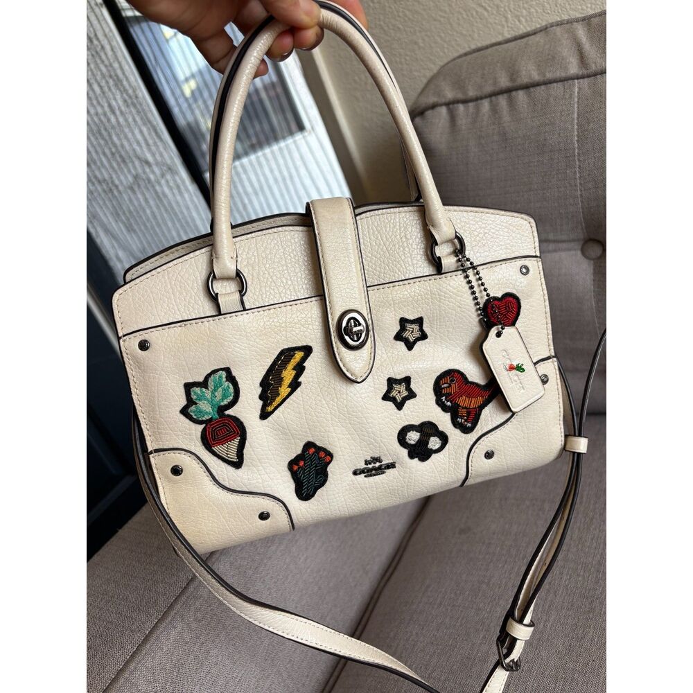 COACH Mercer Satchel 24 W/ Souvenir Embroidery Chalk Leather HandBag Crossbody